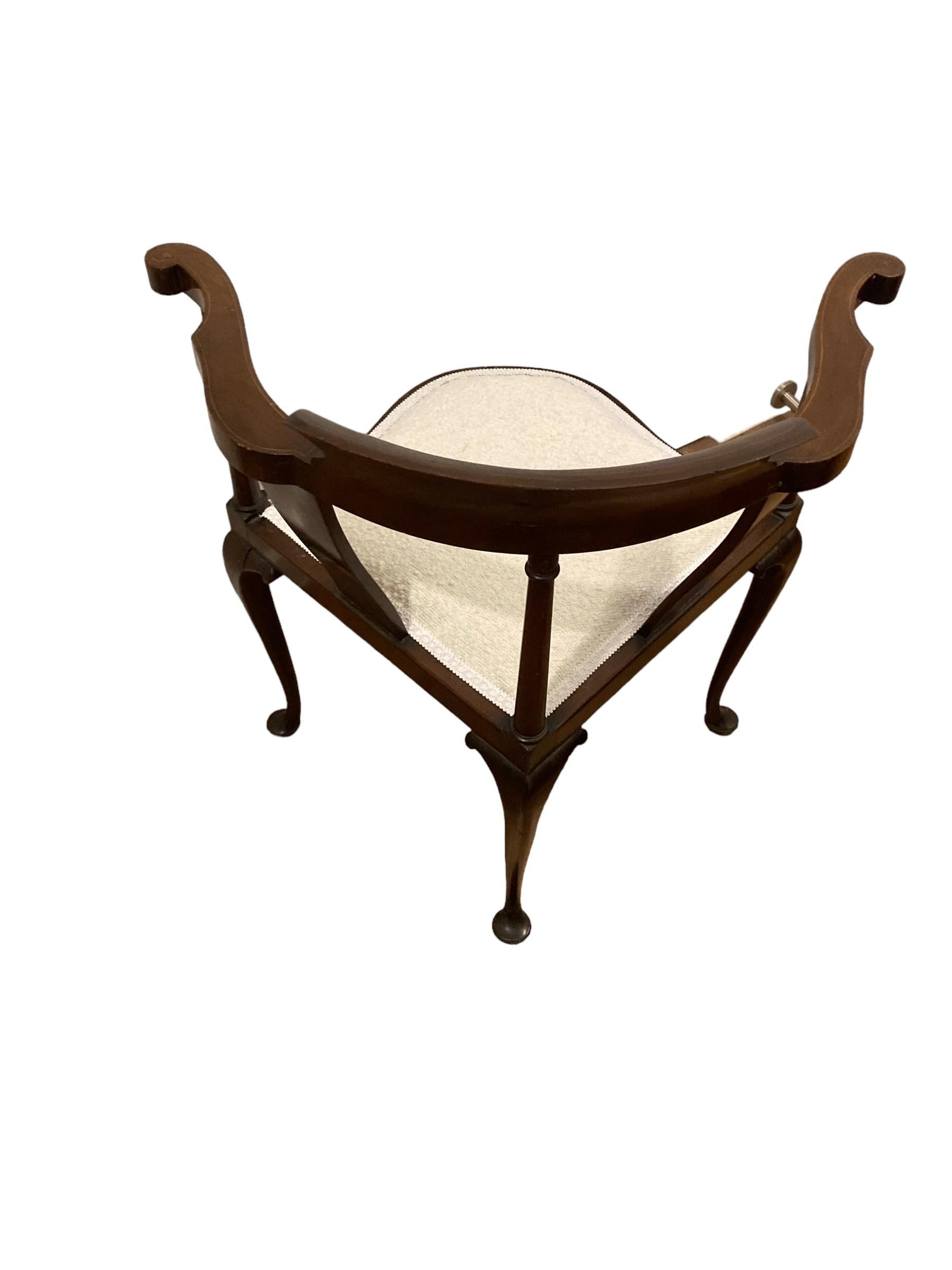 Late Victorian Edwardian Corner Chair Inlaid Backrest on Cabriole Legs and Reupholstered Boucle