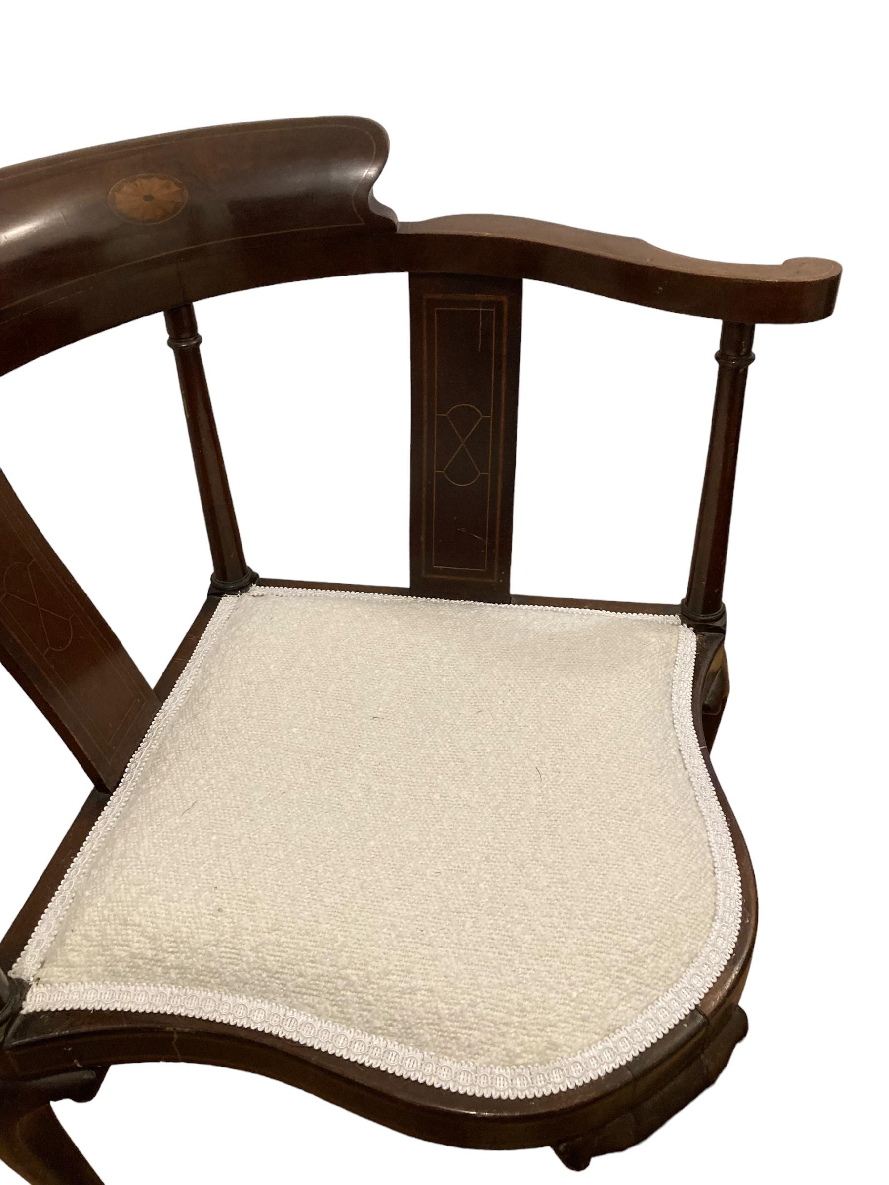 Edwardian Corner Chair Inlaid Backrest on Cabriole Legs and Reupholstered Boucle 1