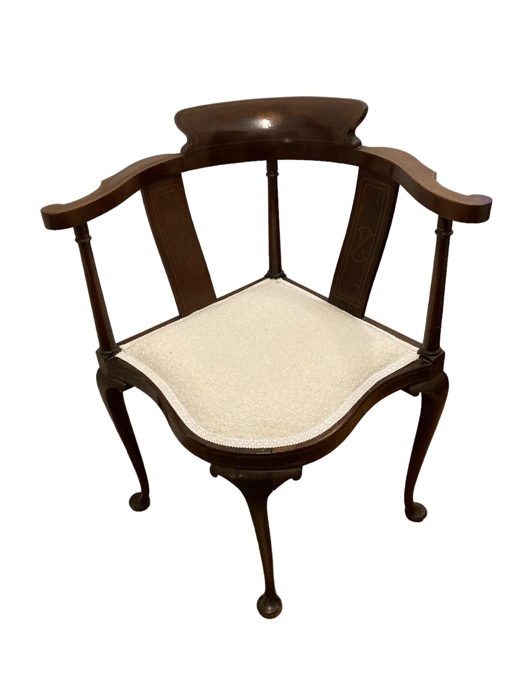 Edwardian Corner Chair Inlaid Backrest on Cabriole Legs and Reupholstered Boucle 2