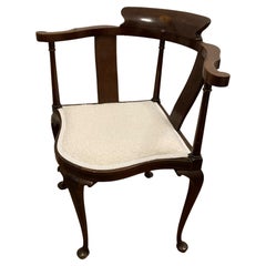 Edwardian Corner Chair Inlaid Backrest on Cabriole Legs and Reupholstered Boucle