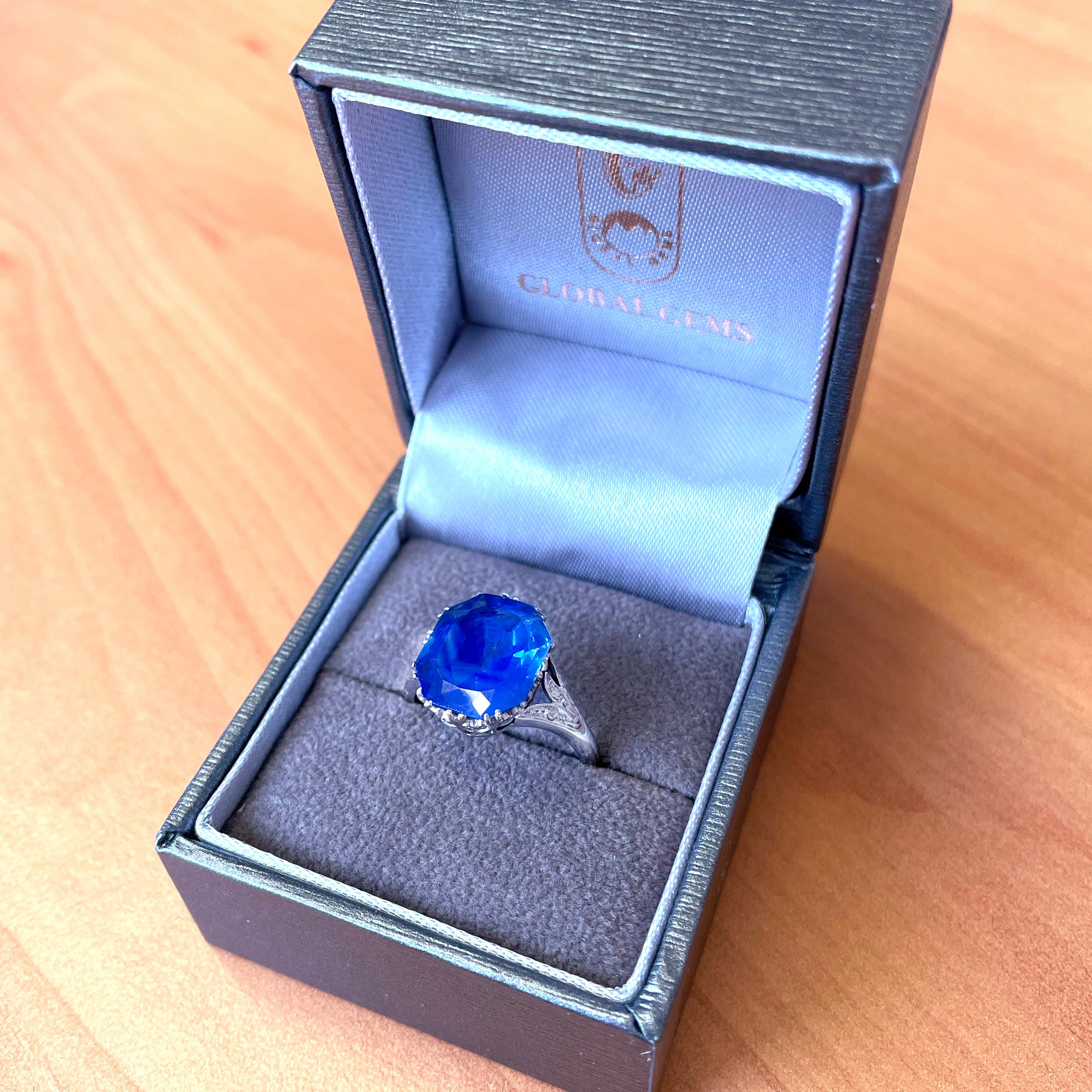 Edwardian Cornflower Blue Natural Ceylon Sapphire 5.85 Carat and Diamond Ring 1