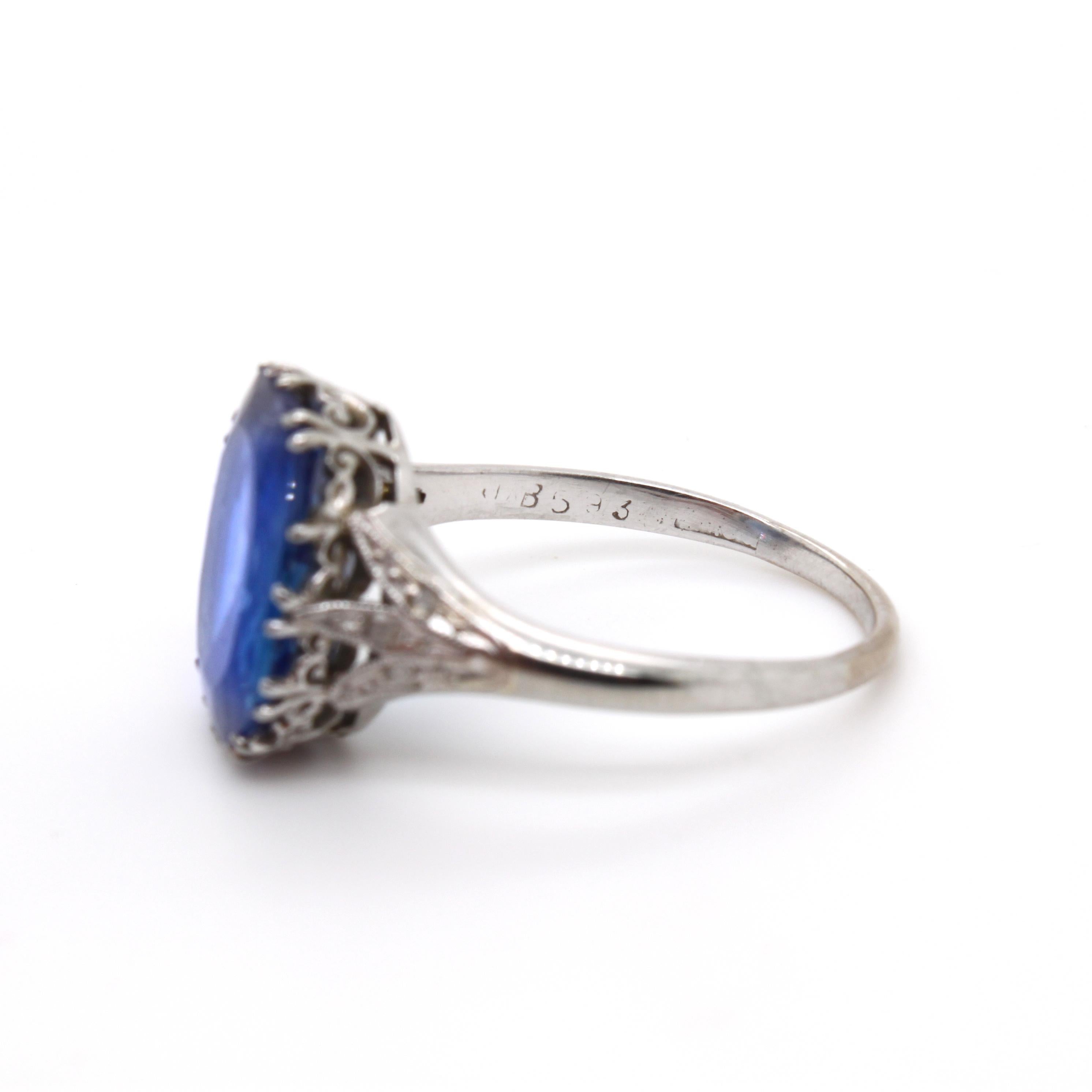 Octagon Cut Edwardian Cornflower Blue Natural Ceylon Sapphire 5.85 Carat and Diamond Ring