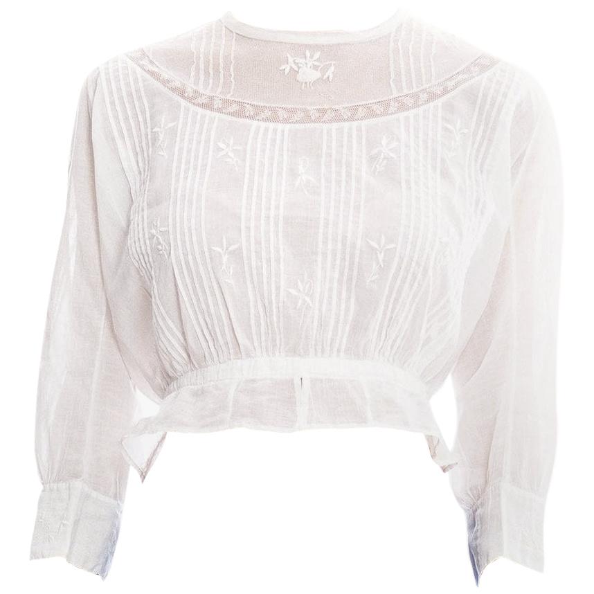 Edwardian White Hand Embroidered Organic Cotton Voile Blouse With Beautiful Don