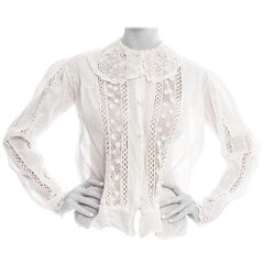 Edwardian White Cotton Voile & Lace Button Front Blouse Made In New York Label