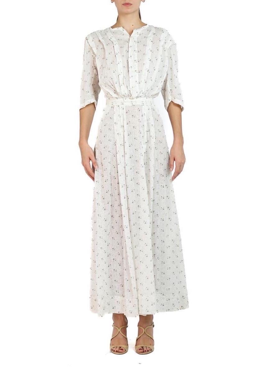 Edwardian Cream & Brown Floral Print Linen 3/4 Sleeve Dress In Excellent Condition For Sale In New York, NY