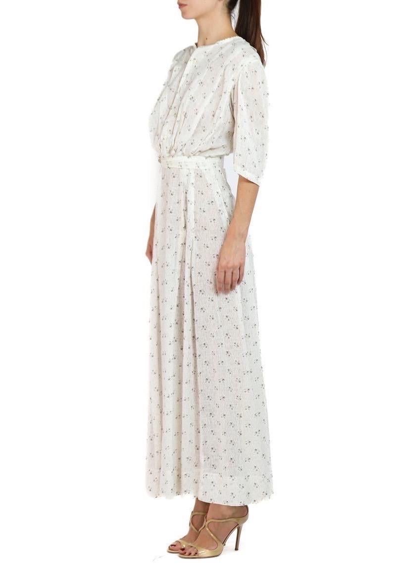 Women's Edwardian Cream & Brown Floral Print Linen 3/4 Sleeve Dress For Sale