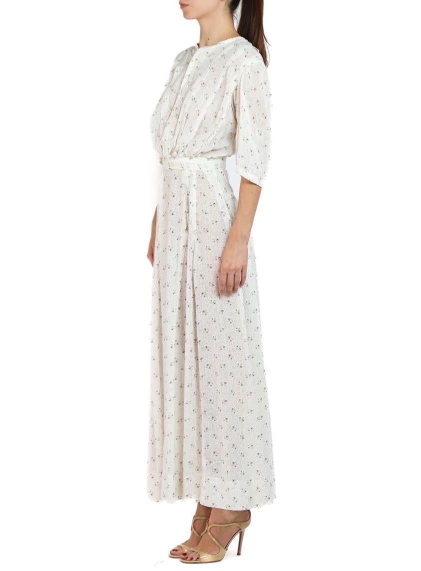 Edwardian Cream & Brown Floral Print Linen 3/4 Sleeve Dress In Excellent Condition For Sale In New York, NY