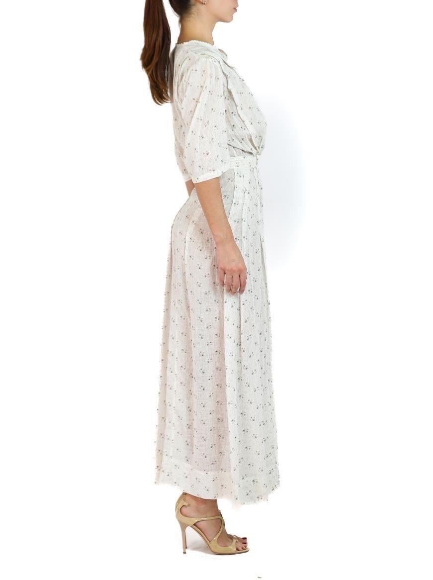 Edwardian Cream & Brown Floral Print Linen 3/4 Sleeve Dress For Sale 1