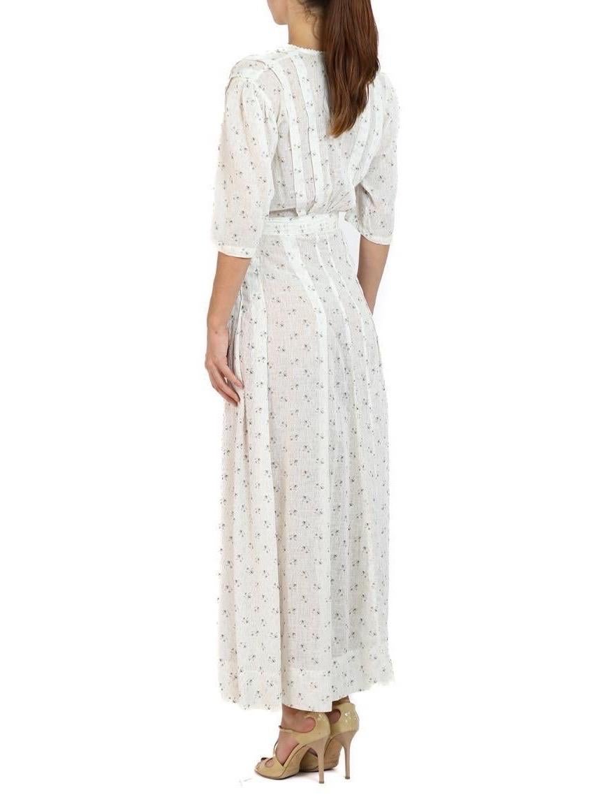 Edwardian Cream & Brown Floral Print Linen 3/4 Sleeve Dress For Sale 2