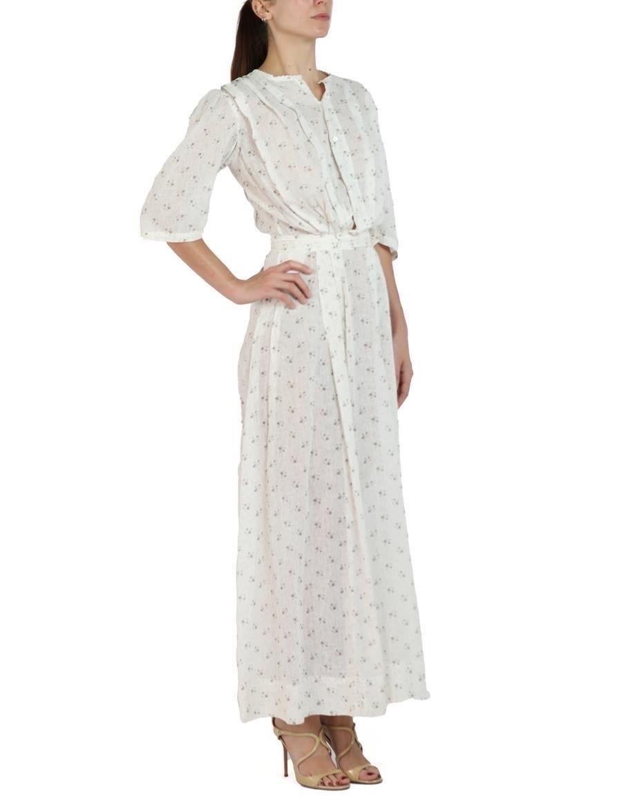 Edwardian Cream & Brown Floral Print Linen 3/4 Sleeve Dress For Sale 3