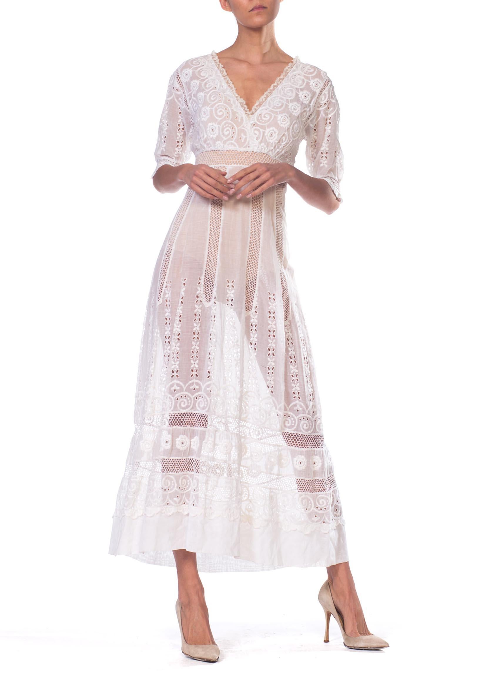 Edwardian Cream Embroidered Cotton Voile & Lace Tea Dress With Empire Waistline And Half Sleeves