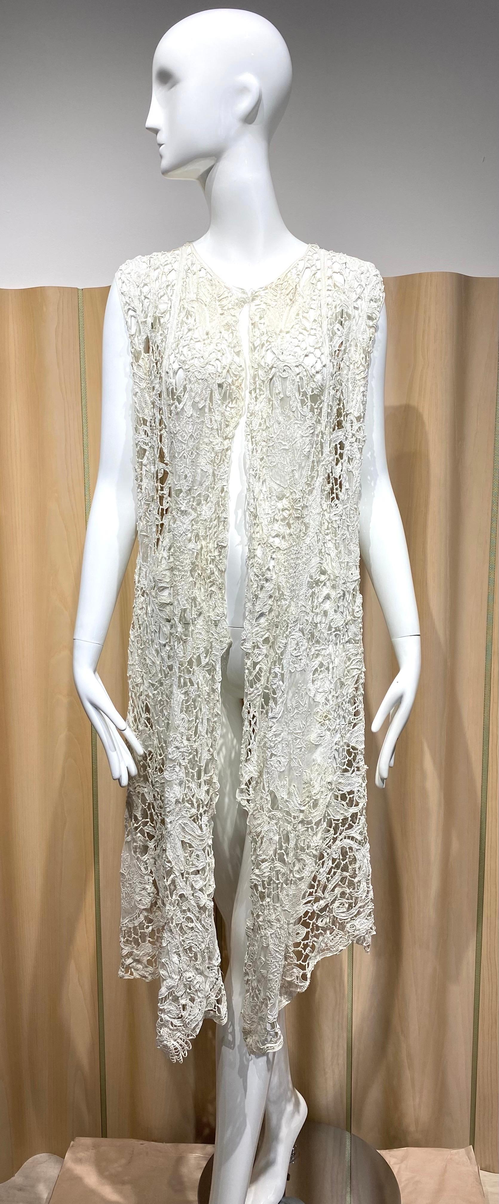 Gray Edwardian Cream Embroidered Lace Vest Coat For Sale