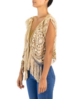 Edwardian Cream Hand Crochet Cotton Cardigan With Fringe