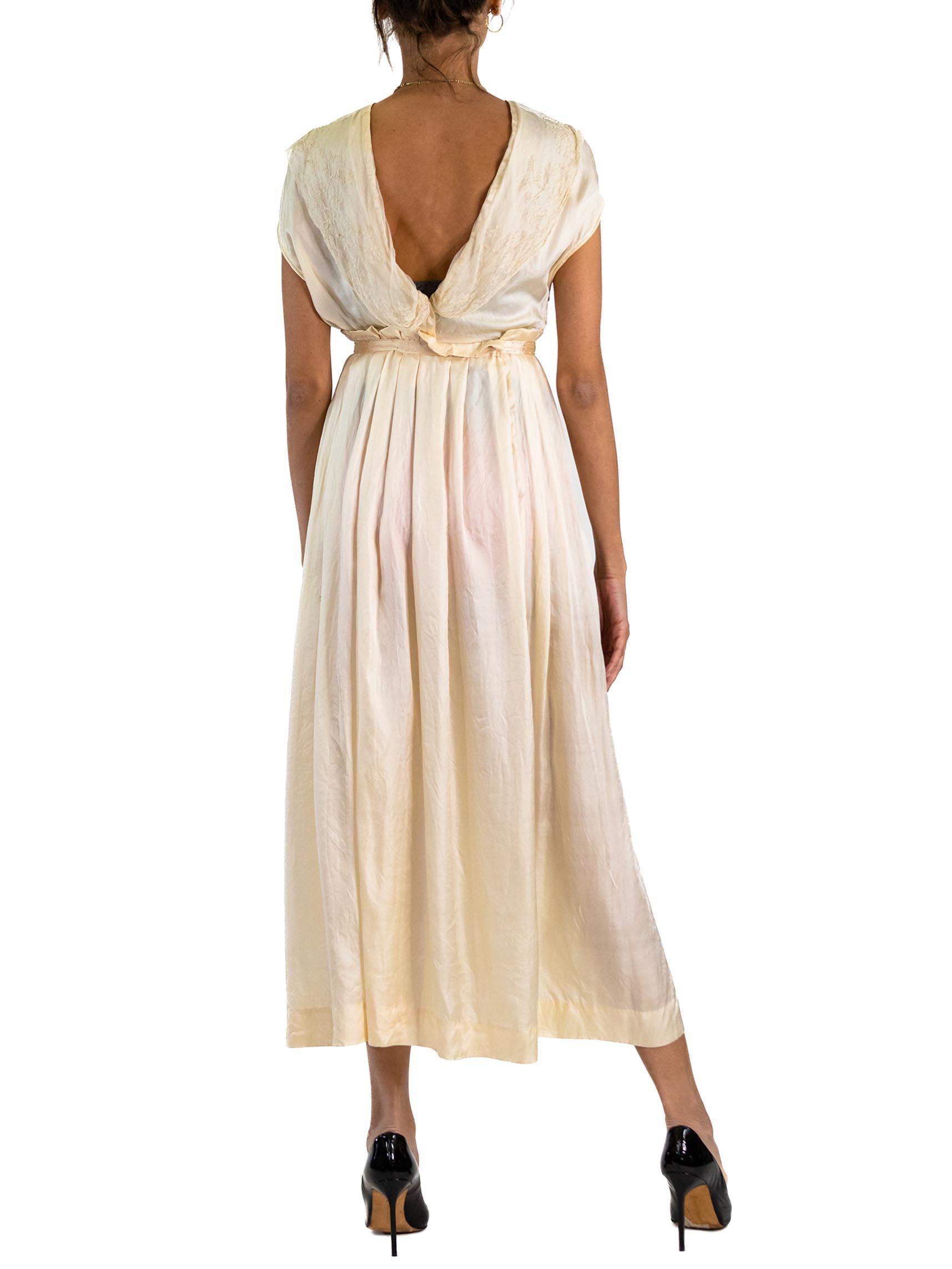 Women's Edwardian Cream Silk Antique Lace Empire Waist Dress For Sale