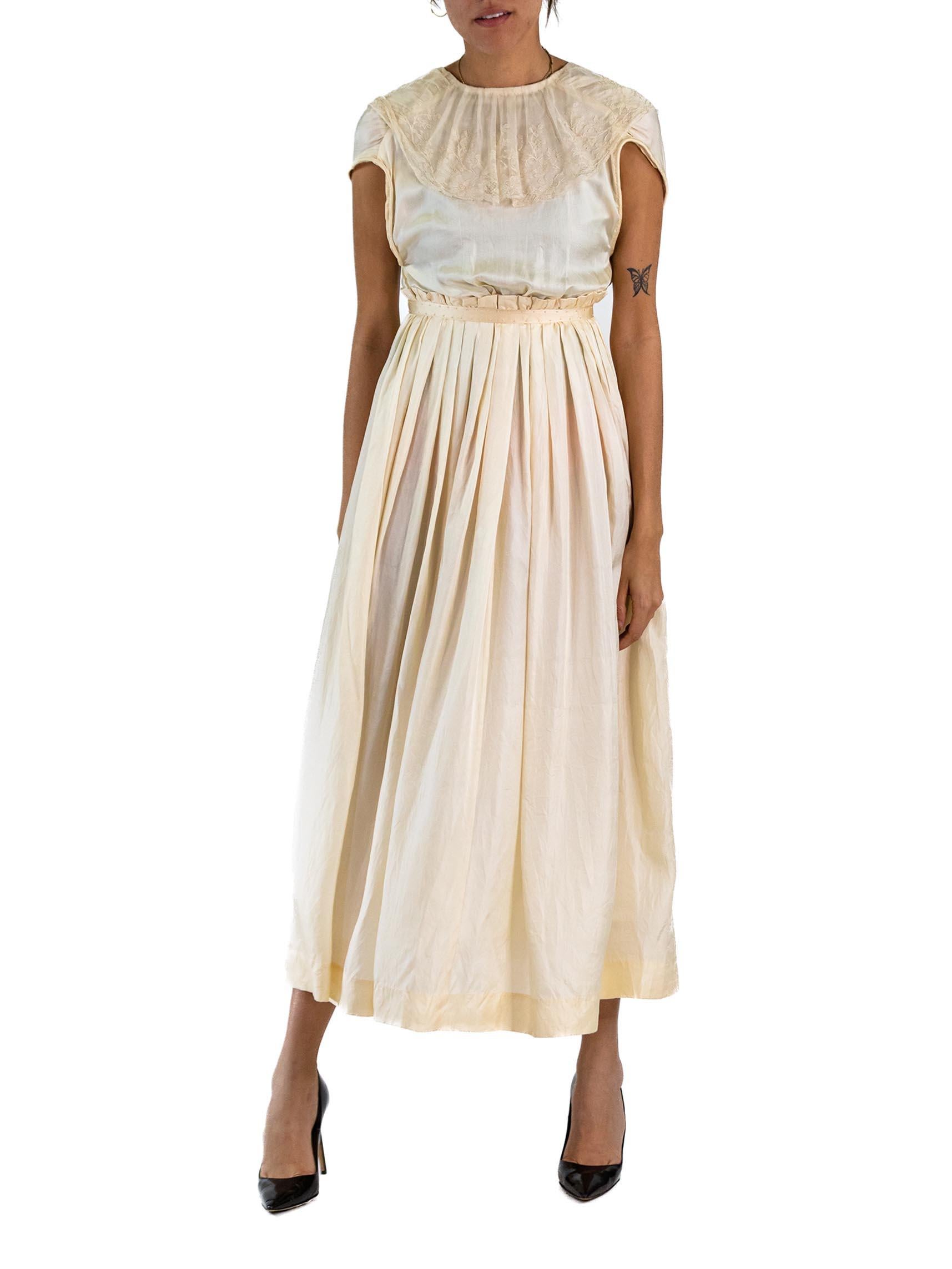 Edwardian Cream Silk Antique Lace Empire Waist Dress For Sale 3