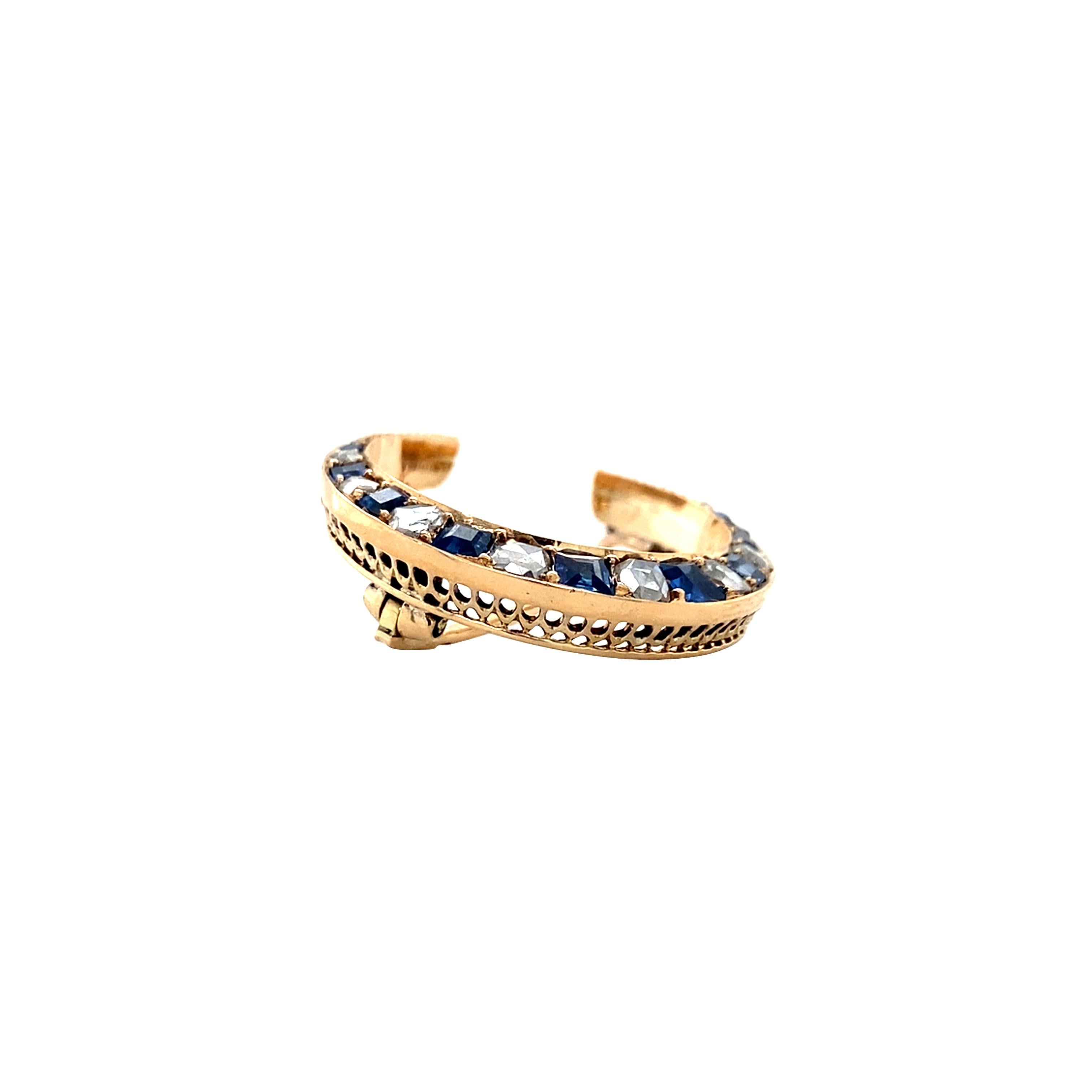 Edwardianische Mondsichel-Brosche, antikes Schmuckstück mit Diamant und natürlichem Saphir (Rosenschliff) im Angebot
