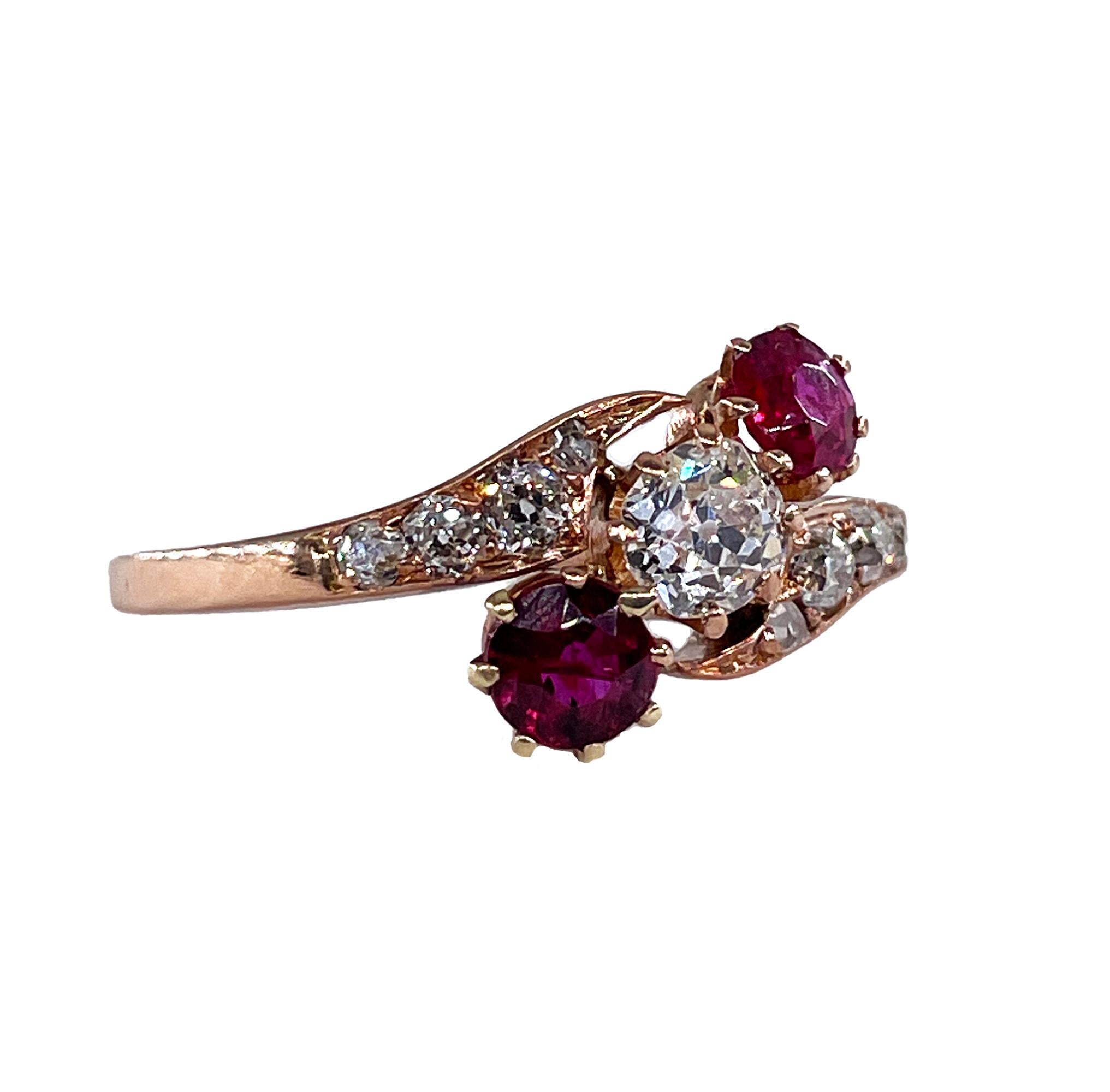 Old Mine Cut Edwardian Crossover GIA 1.10ct Ruby & Old Mine DIAMOND Three Stone 14K Gold Ring For Sale