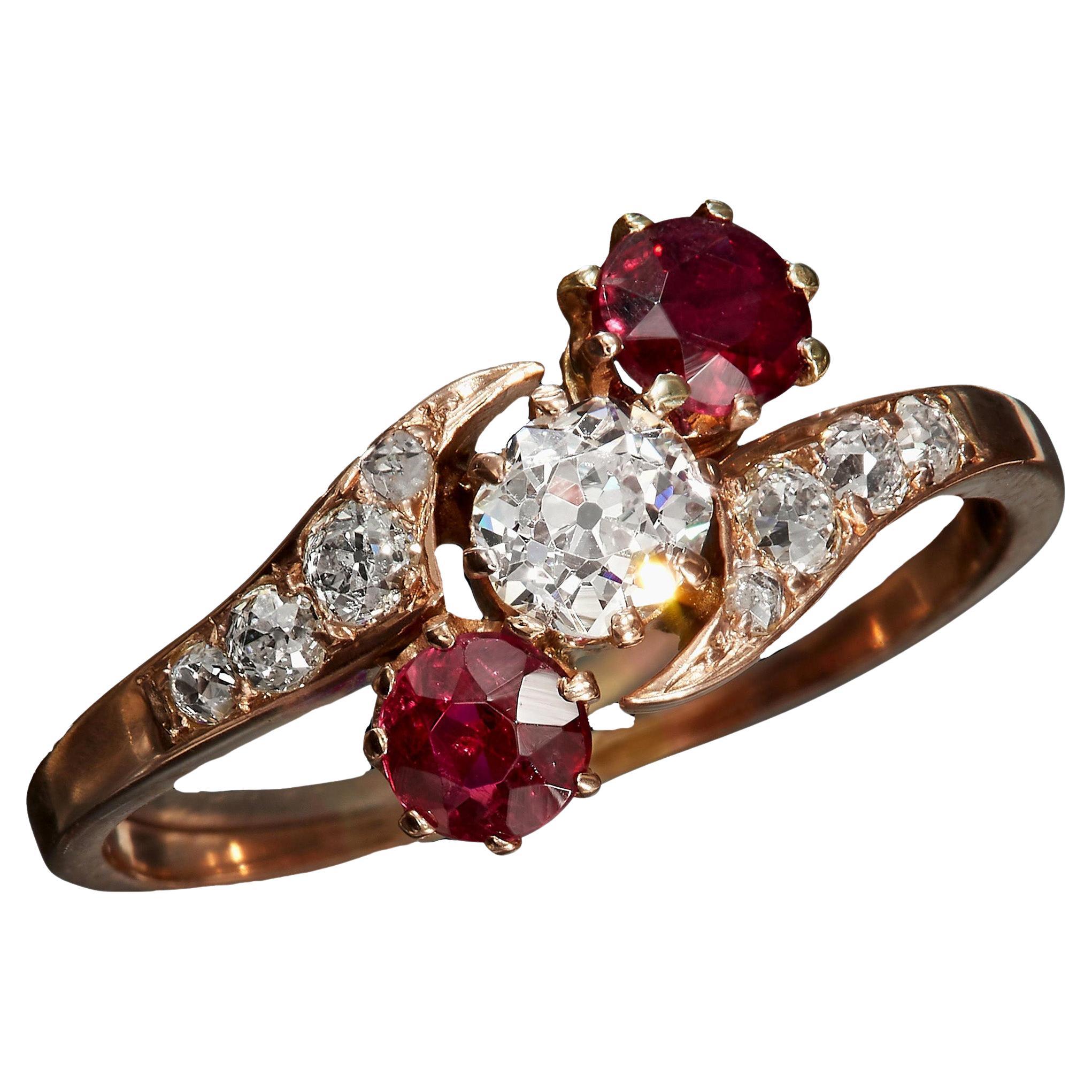 Edwardian Crossover GIA 1.10ct Ruby & Old Mine DIAMOND Three Stone 14K Gold Ring For Sale