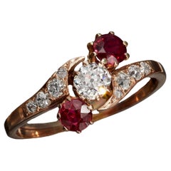 Edwardian Crossover GIA 1.10ct Ruby & Old Mine DIAMOND Three Stone 14K Gold Ring