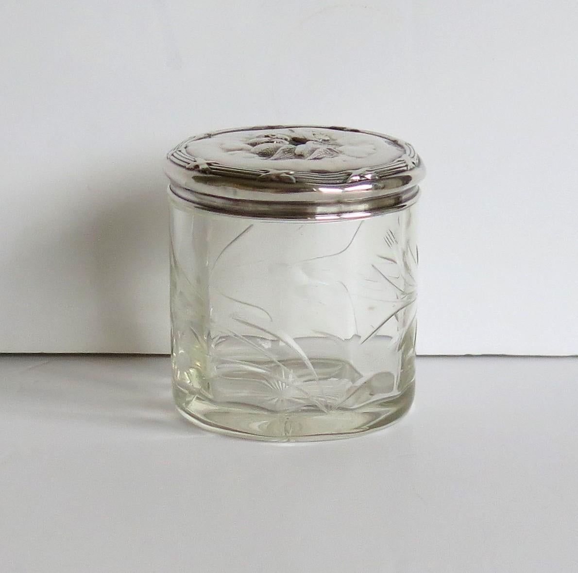 English Edwardian Crystal Glass Jar with Art Nouveau Sterling Silver Lid Birmingham 1904