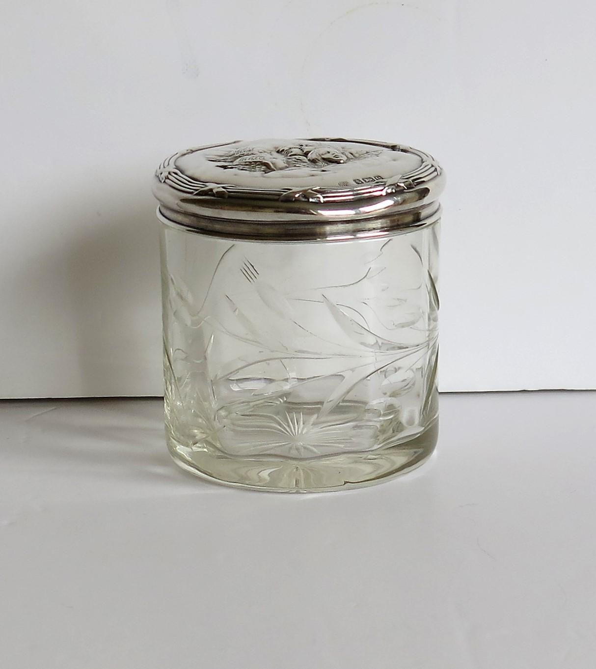 Embossed Edwardian Crystal Glass Jar with Art Nouveau Sterling Silver Lid Birmingham 1904