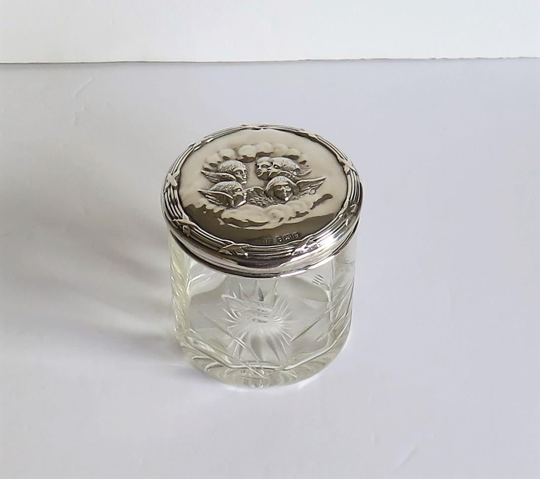 Early 20th Century Edwardian Crystal Glass Jar with Art Nouveau Sterling Silver Lid Birmingham 1904