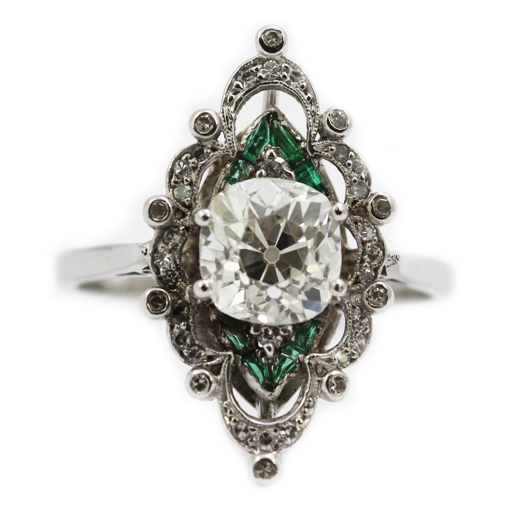 Antique Edwardian Old Cushion Cut Large Diamond 1.95 ct & Emerald Platinum Ring