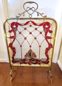 Edwardian Custom Made Leaded Stained Glass Fire Place Screen in Brass Frame