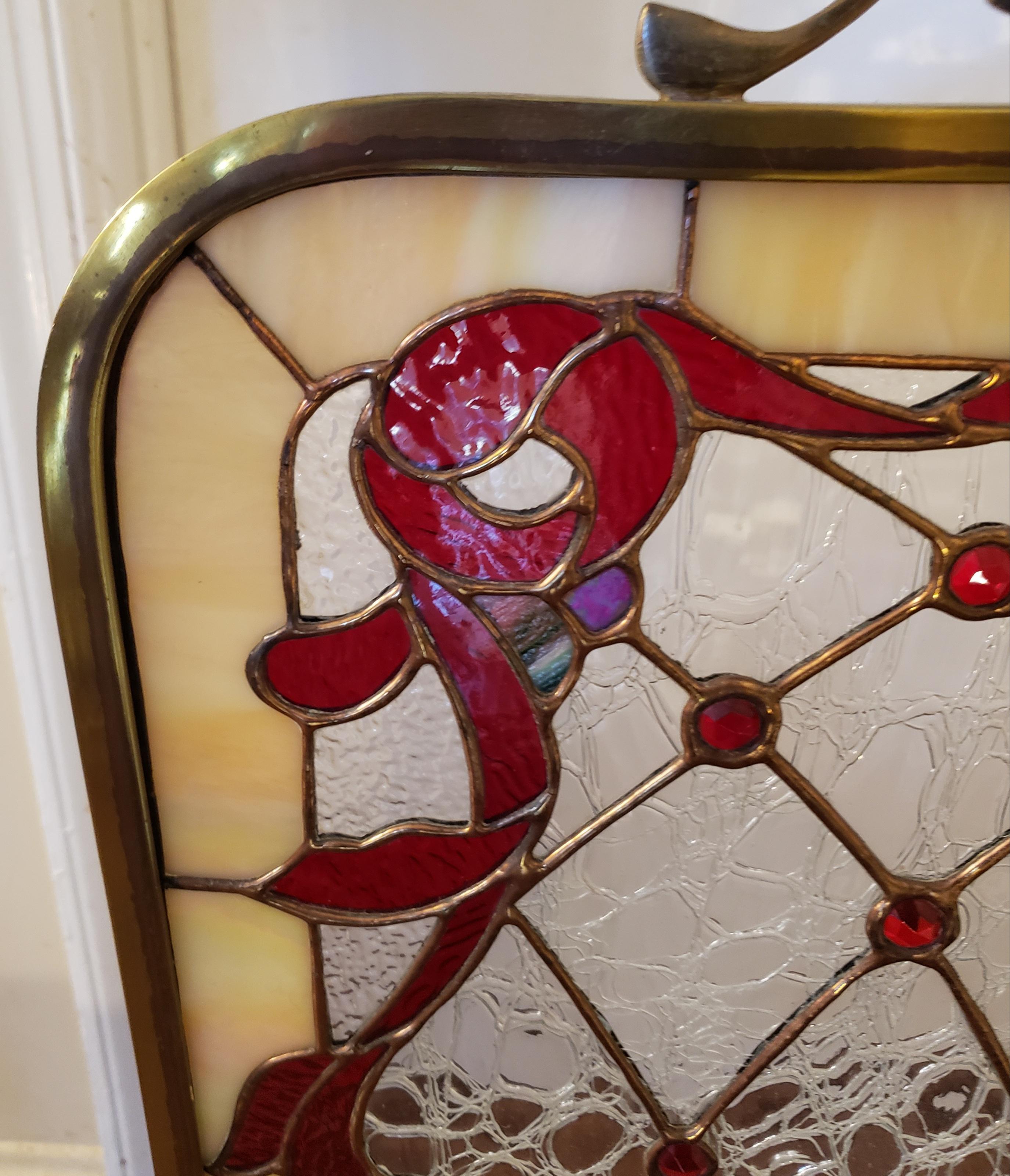 Edwardian Custom Made Leaded Stained Glass Fire Place Screen in Brass Frame In Good Condition In Germantown, MD