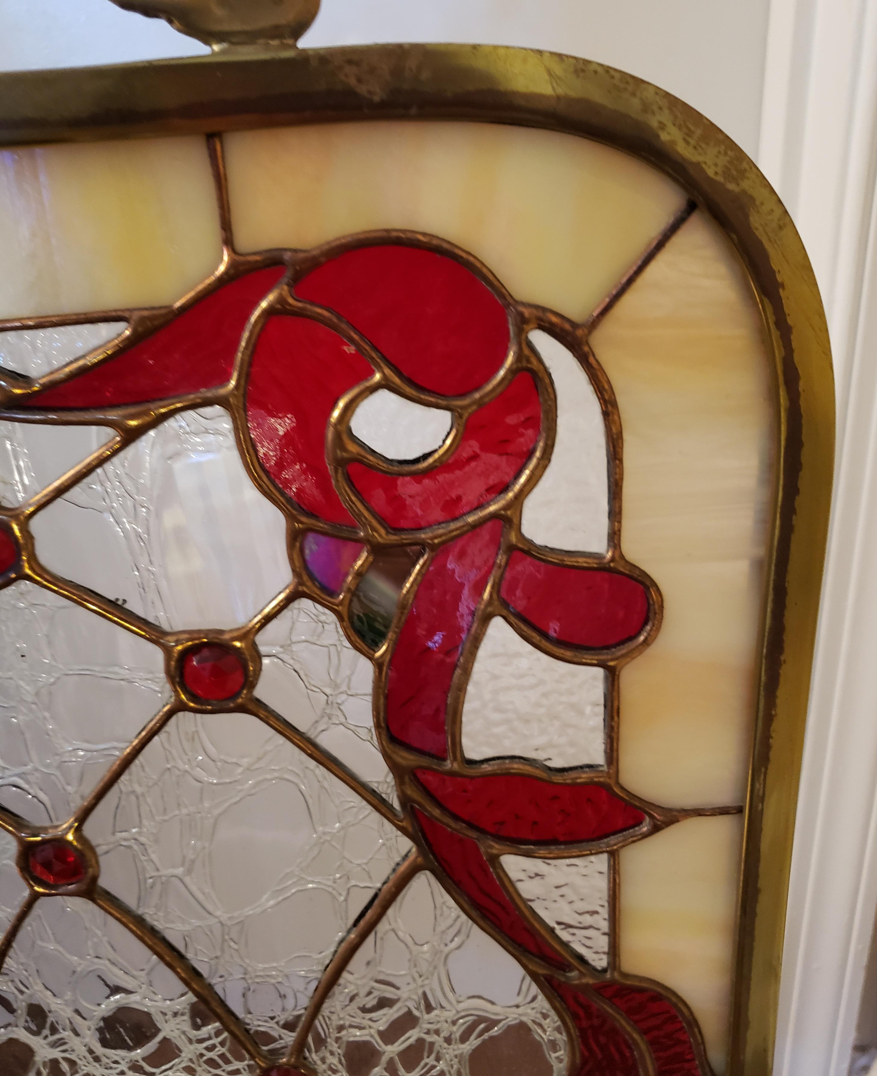 20th Century Edwardian Custom Made Leaded Stained Glass Fire Place Screen in Brass Frame