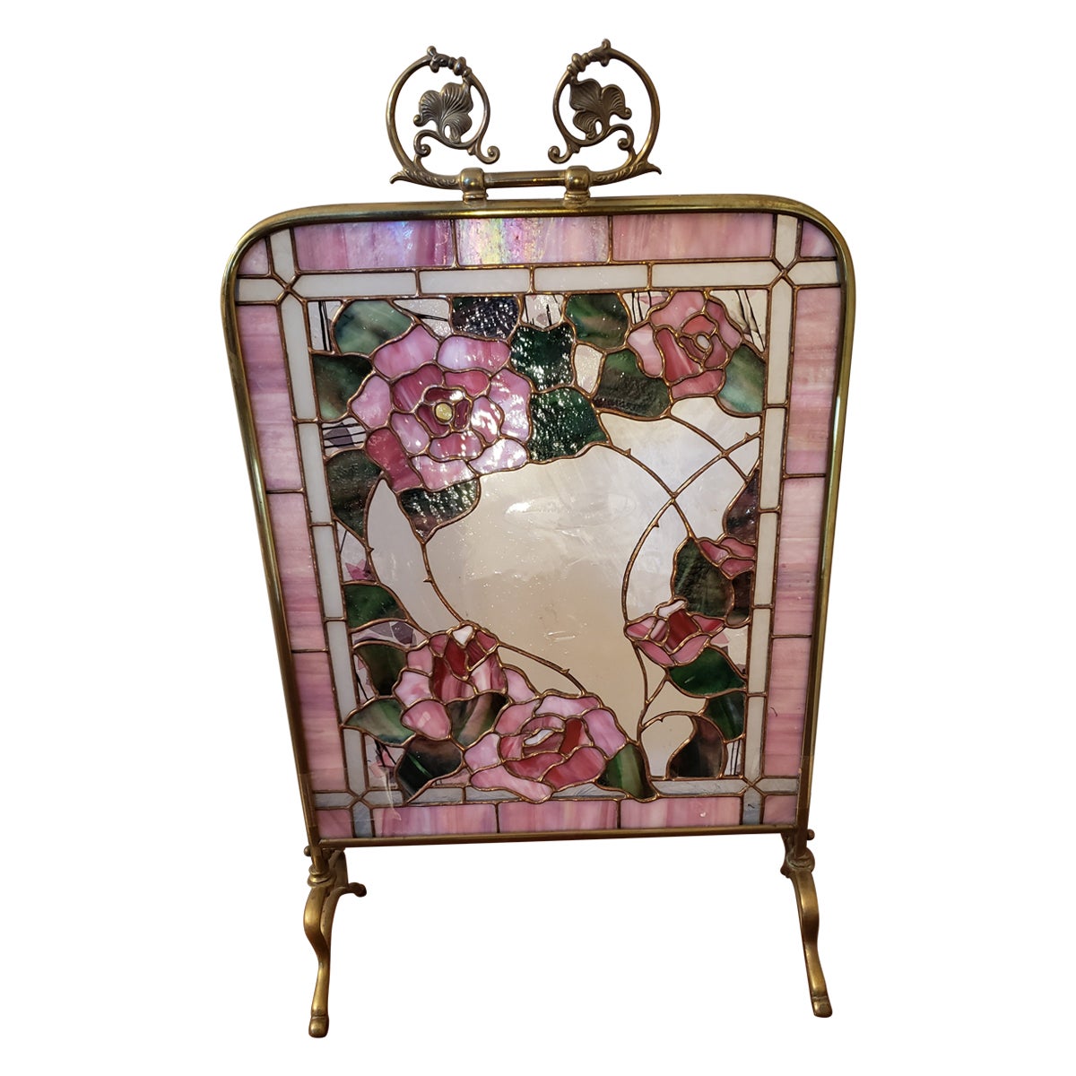 Edwardian Custom Made Leaded Stained Stained Glass Brass Fireplace Screen