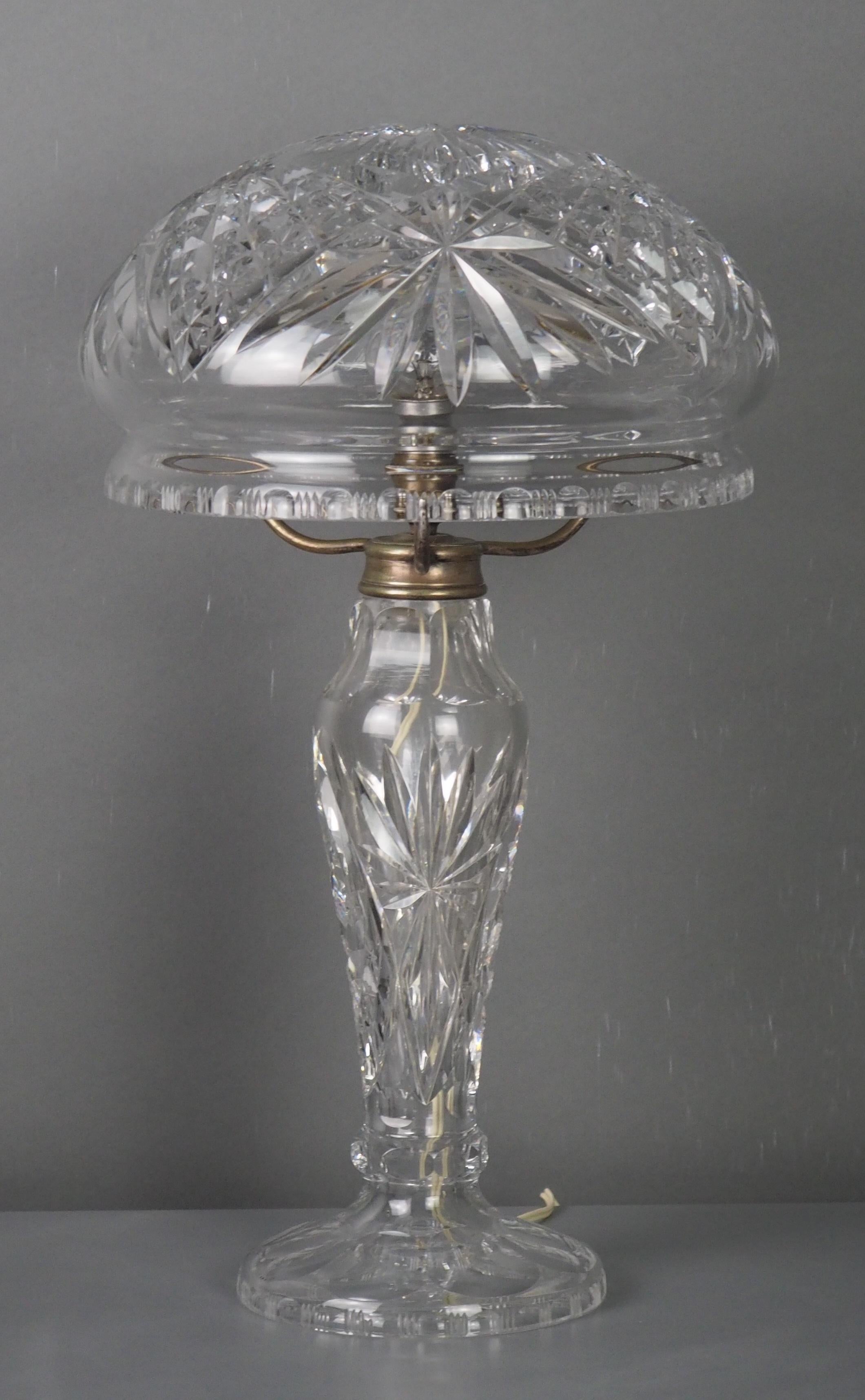 A wonderful Edwardian period cut crystal mushroom table lamp with original shade and Ediwsan lamp socket, UK, circa 1900-1910.
This lamp is made of superb quality cut crystal with silver plated mounts.
Socket: 1 x b22 
Newly wired.

