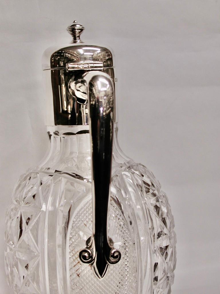 Sterling Silver Edwardian Cut Glass Claret Jug with Silver Top & Handle, 1903 James Dixon & Sons For Sale