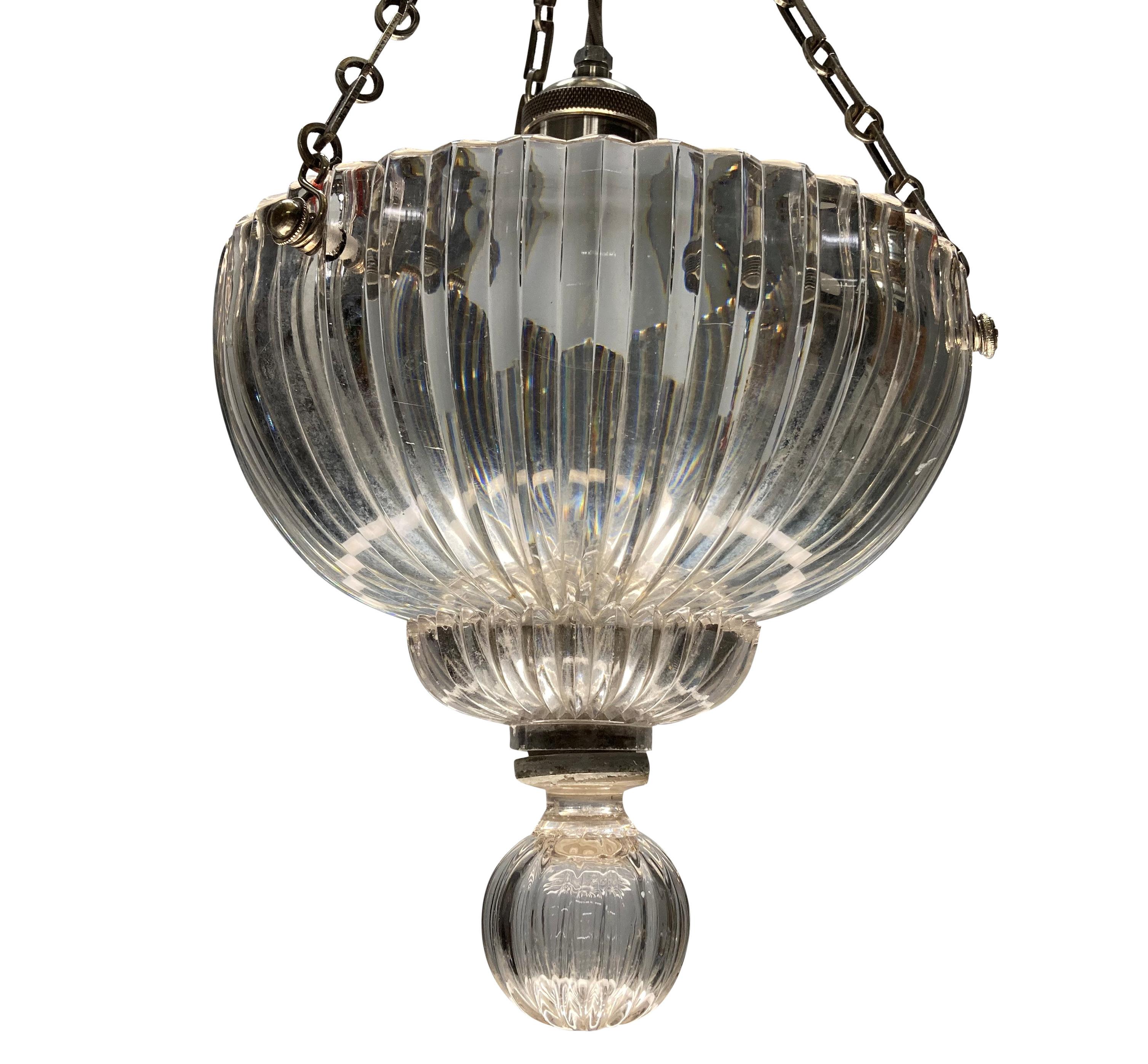 English Edwardian Cut Glass & Silver Plated Pendant Light For Sale