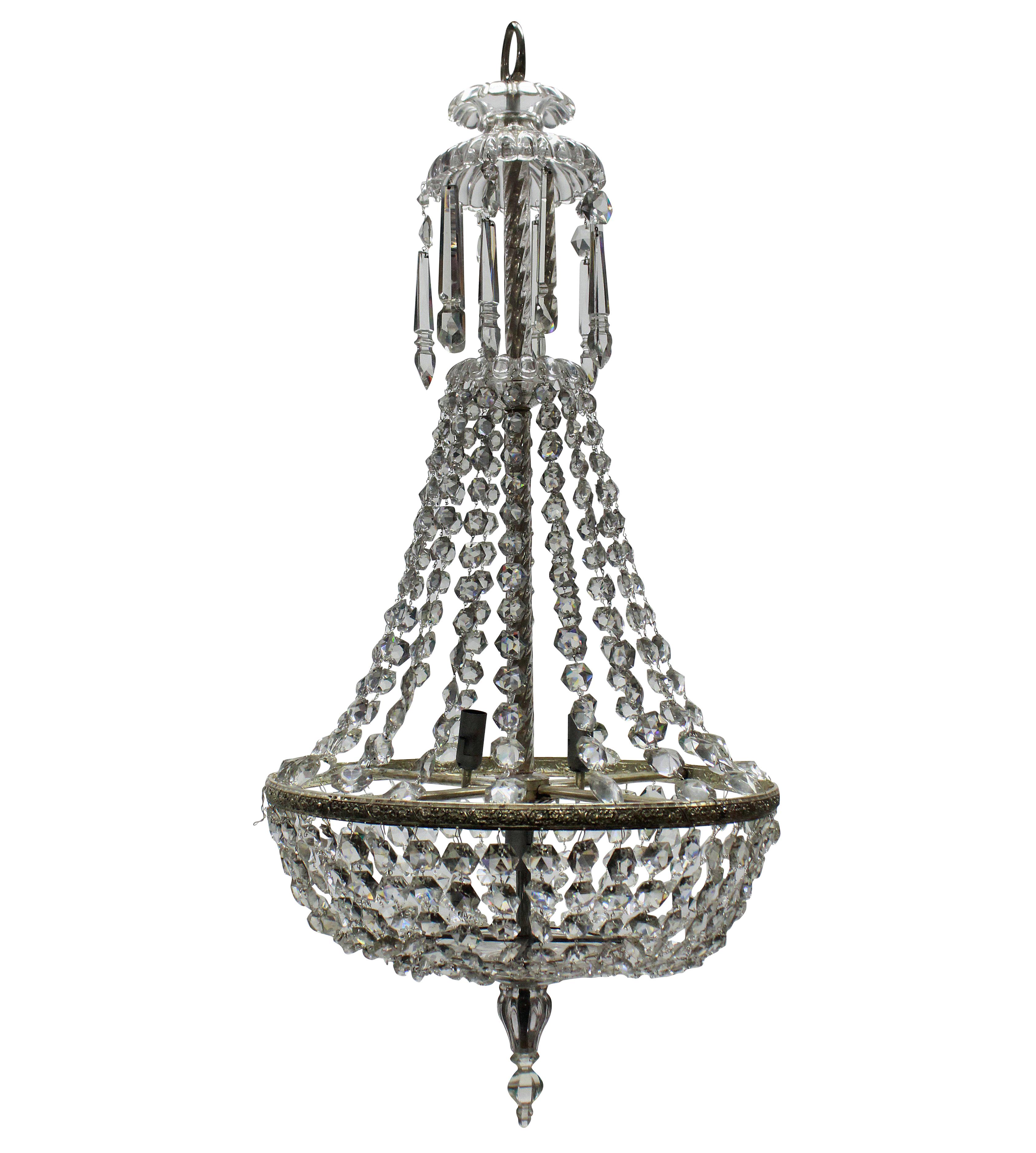 An English Edwardian tent and waterfall chandelier in cut glass with five internal lights.