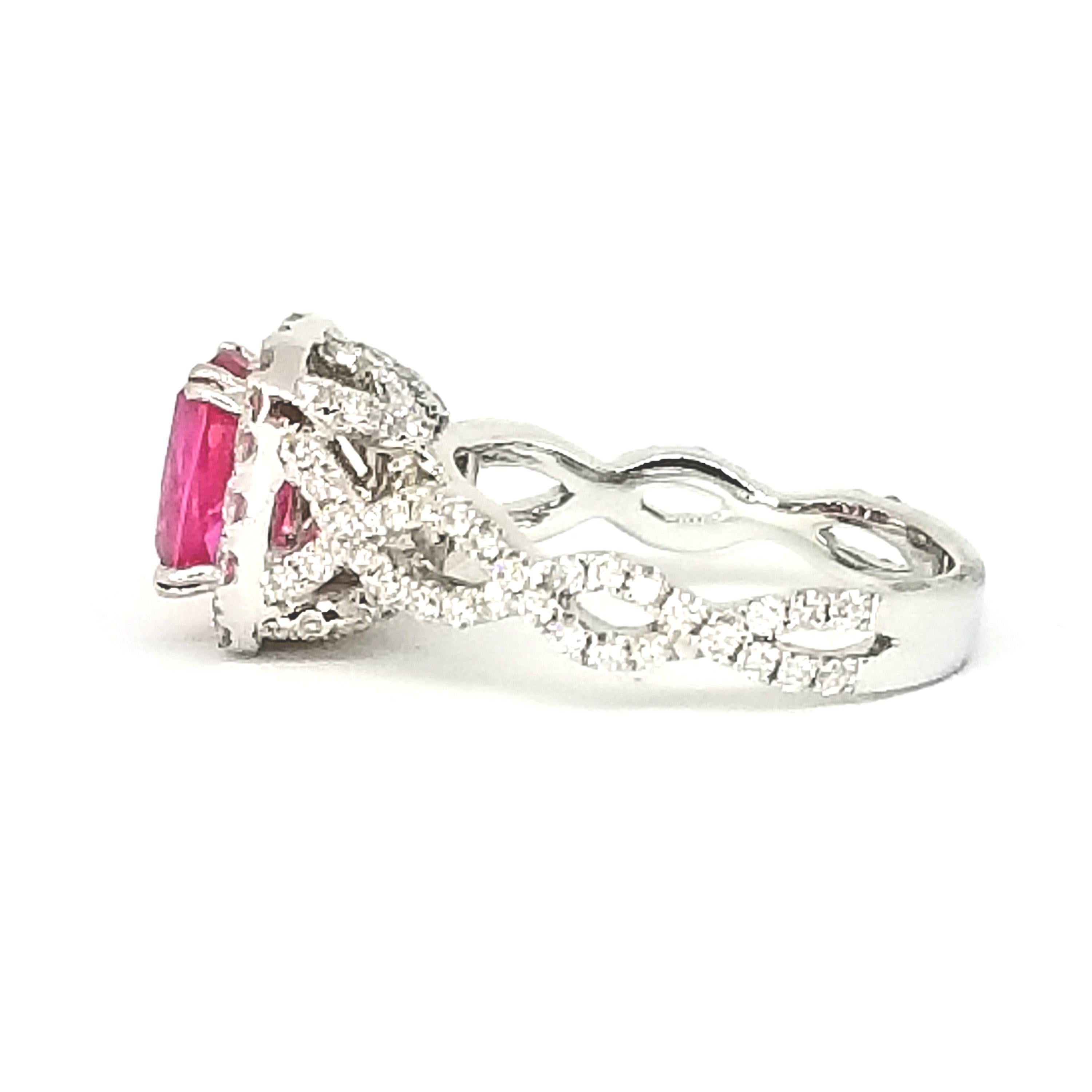 Contemporary Edwardian Cut Intense Pink 2.19 Carat Sapphire Diamond Halo Ring White Gold For Sale