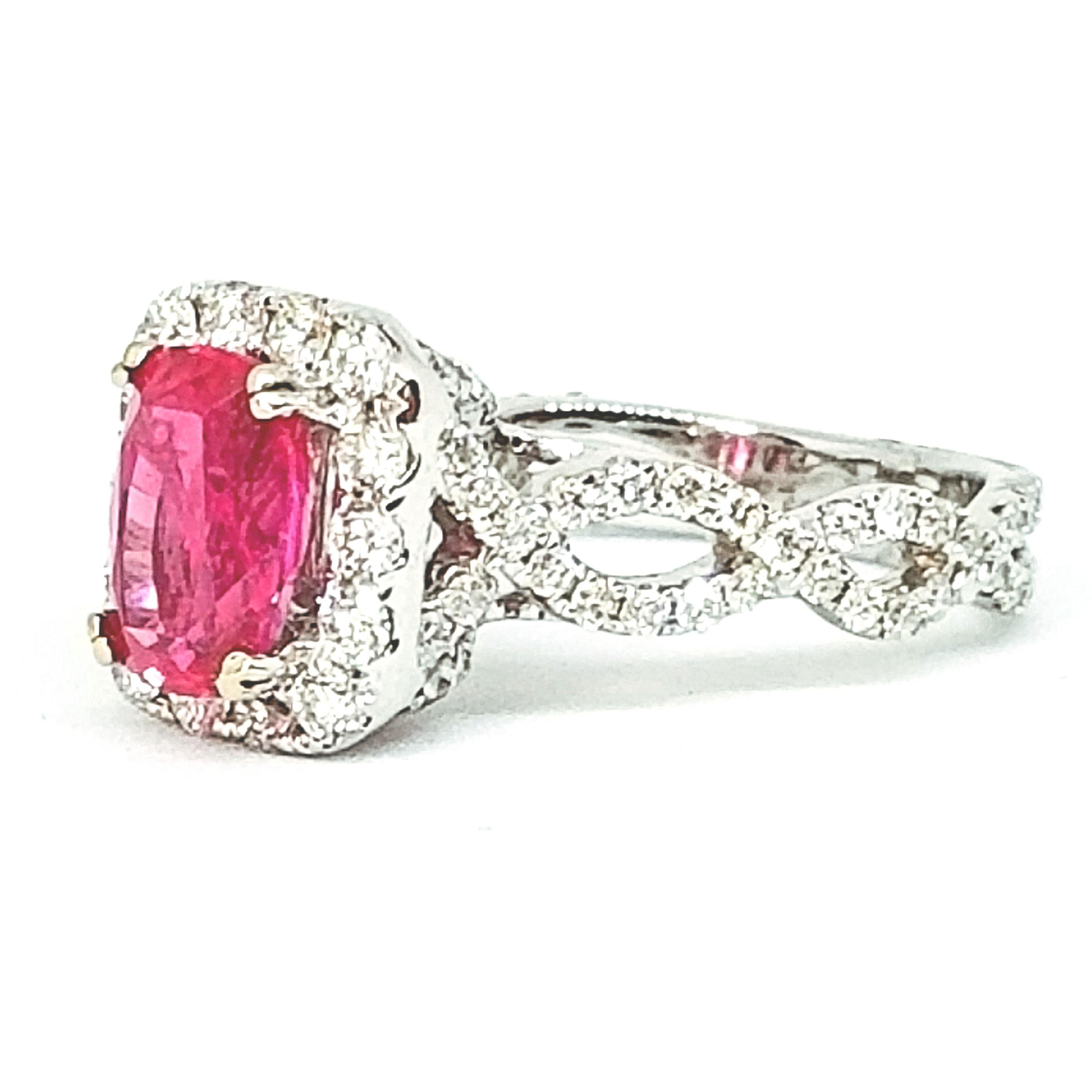 Cushion Cut Edwardian Cut Intense Pink 2.19 Carat Sapphire Diamond Halo Ring White Gold For Sale