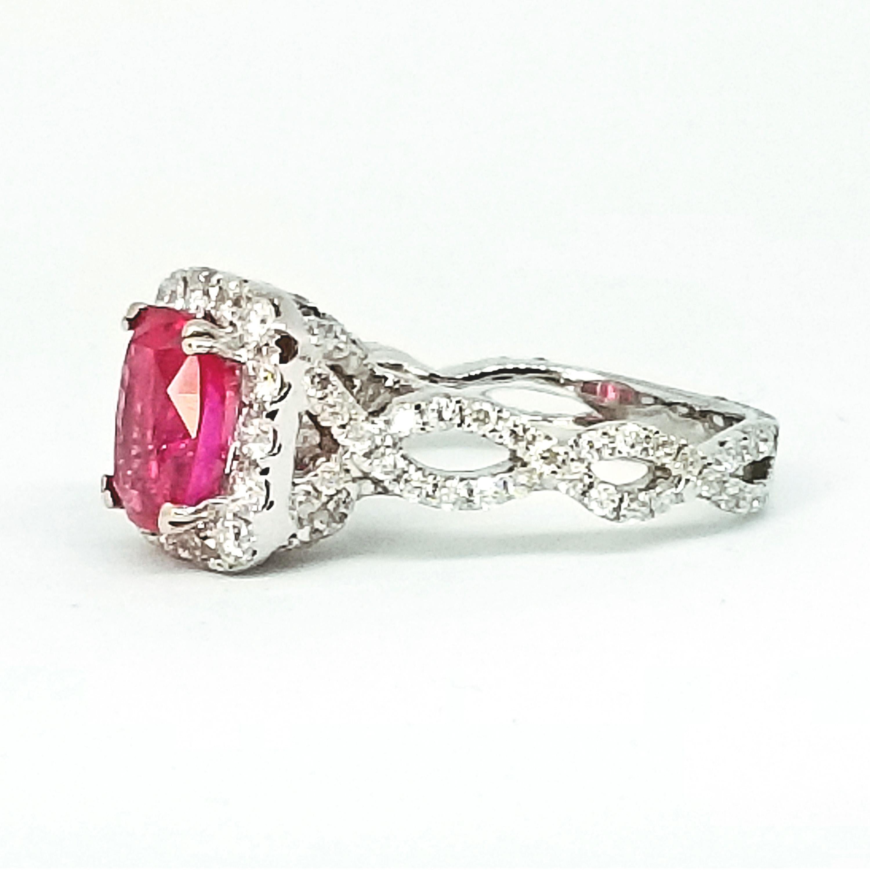 Edwardian Cut Intense Pink 2.19 Carat Sapphire Diamond Halo Ring White Gold In New Condition For Sale In Lambertville , NJ