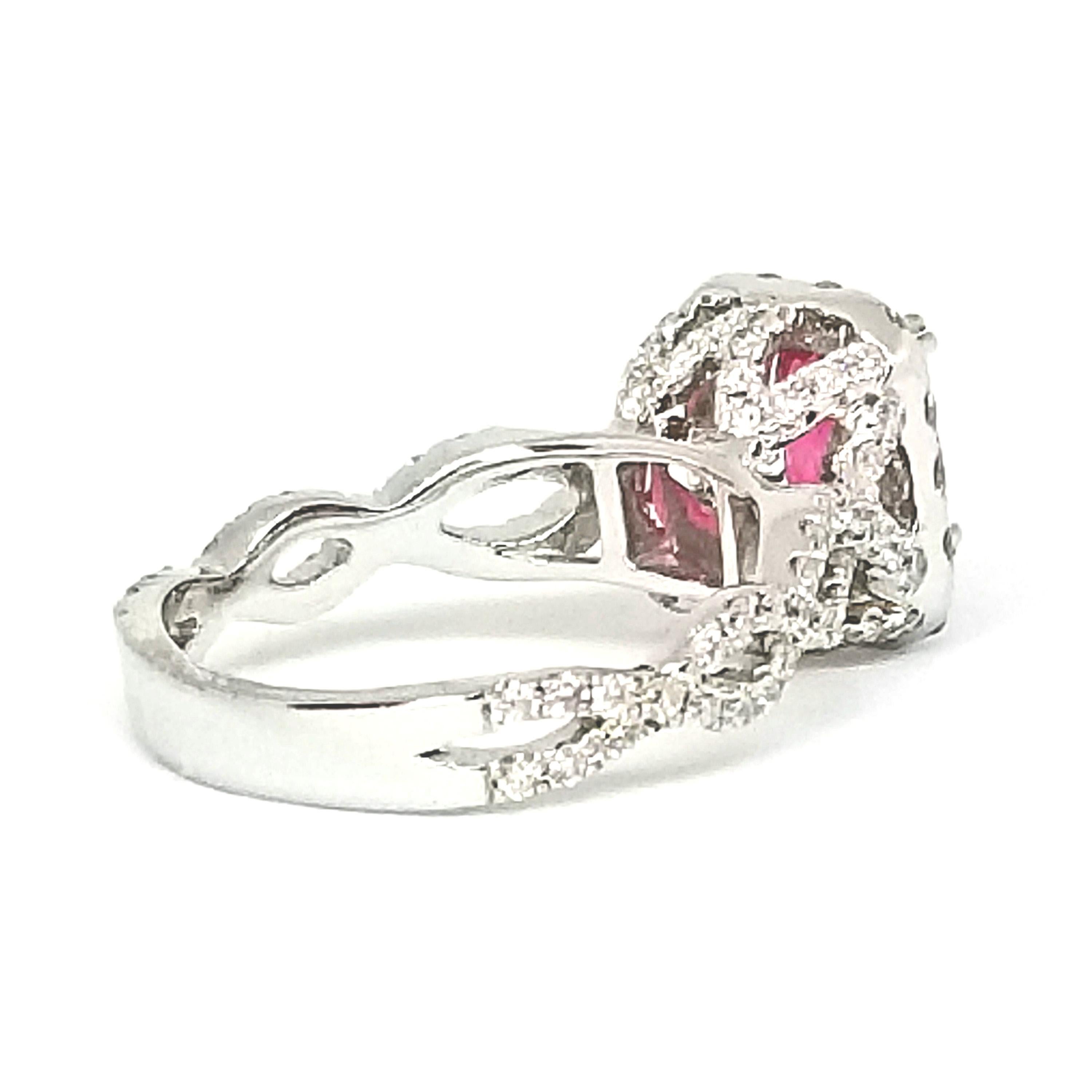 Edwardian Cut Intense Pink 2.19 Carat Sapphire Diamond Halo Ring White Gold For Sale 1
