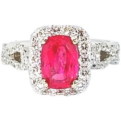Edwardian Cut Intense Pink 2.19 Carat Sapphire Diamond Halo Ring White Gold
