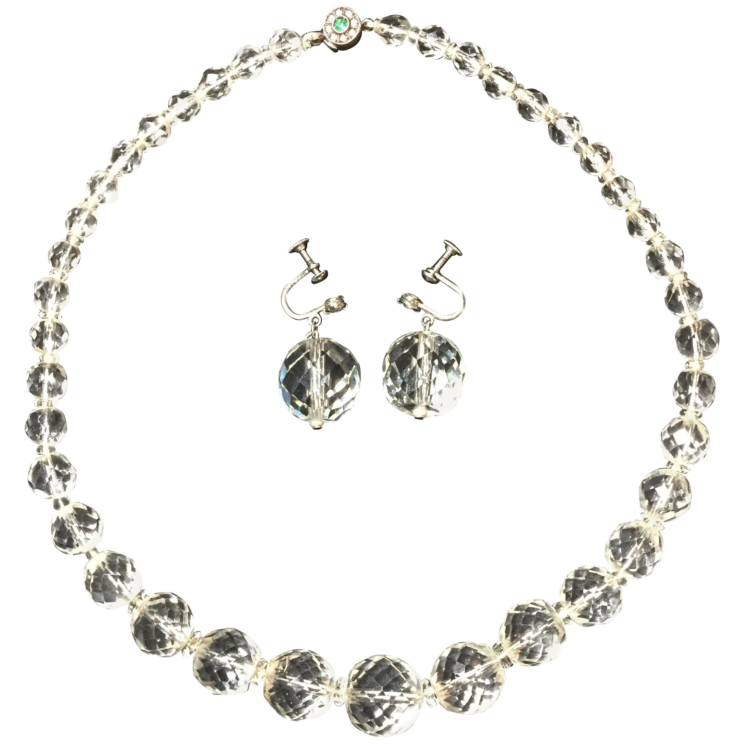 Edwardian Cut Lead Crystal Bead Choker Necklace 
Sterling Earrings Circa 1905 For Sale