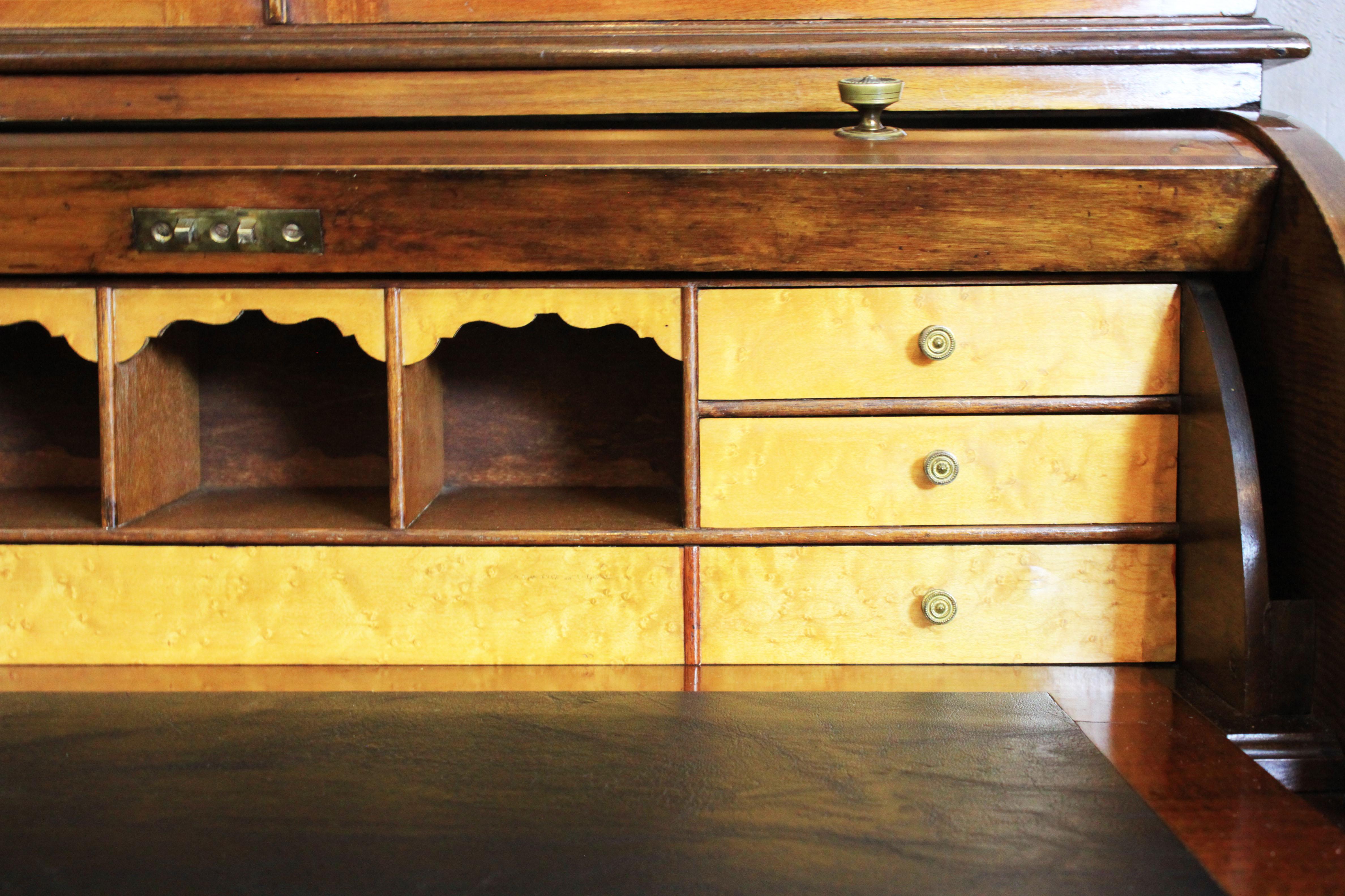 Inlay Edwardian Cylinder Desk Bookcase / Secretary