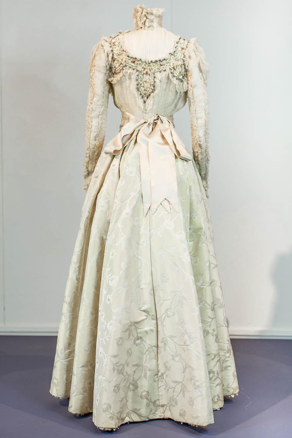 Edwardian Damask and Chiffon Silk Ceremony French Labelled Gown Circa 1900 3