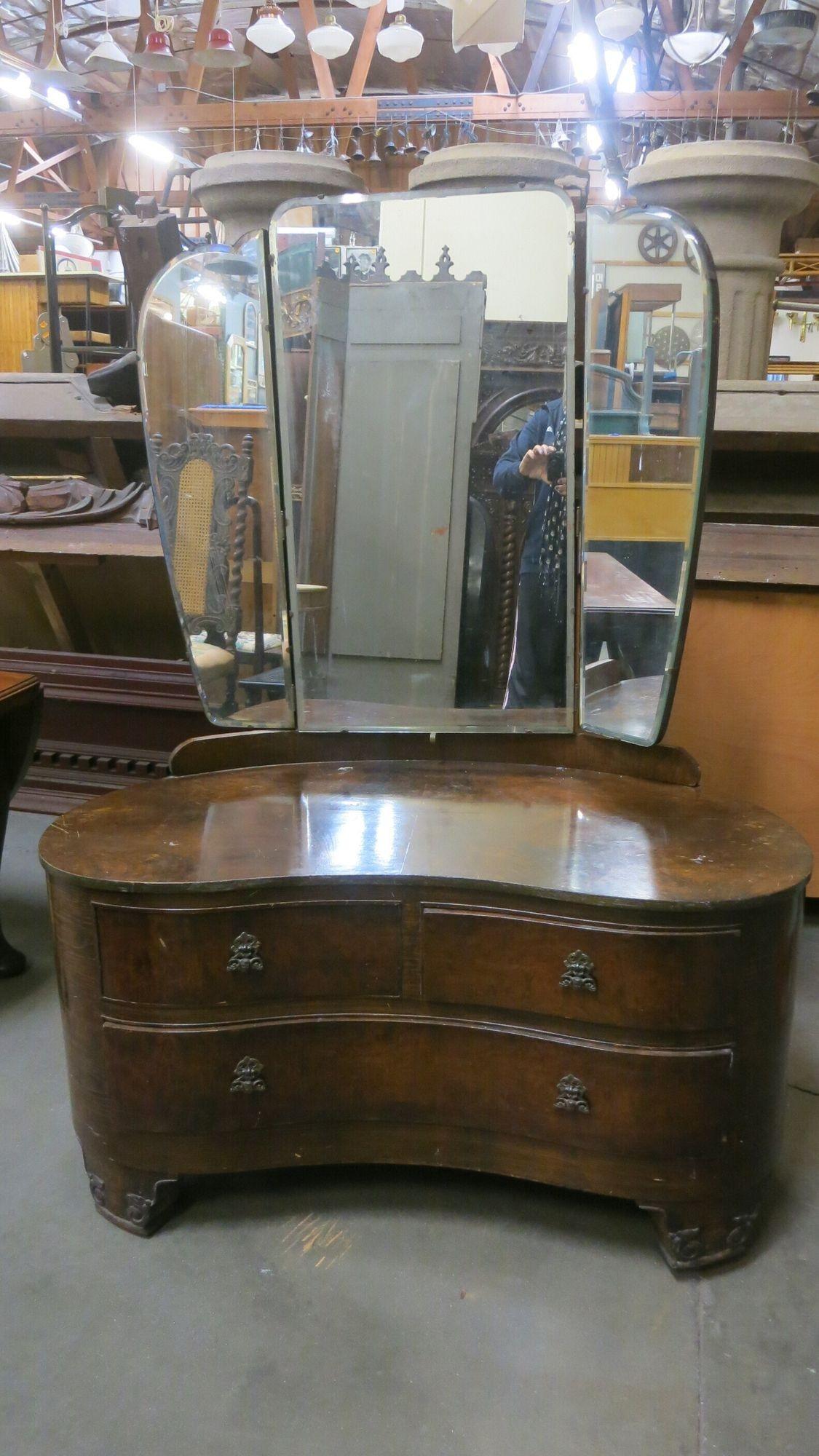 antique vanity with trifold mirror