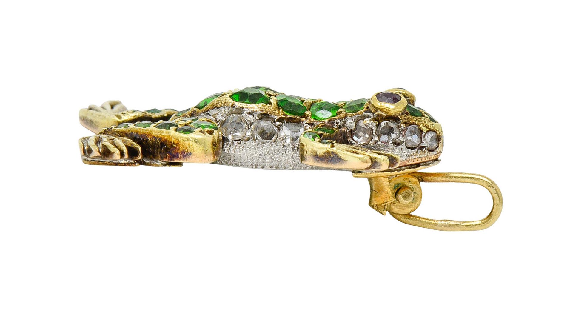 Women's or Men's Edwardian Demantoid Garnet Diamond Platinum-Topped 18 Karat Gold Frog Charm