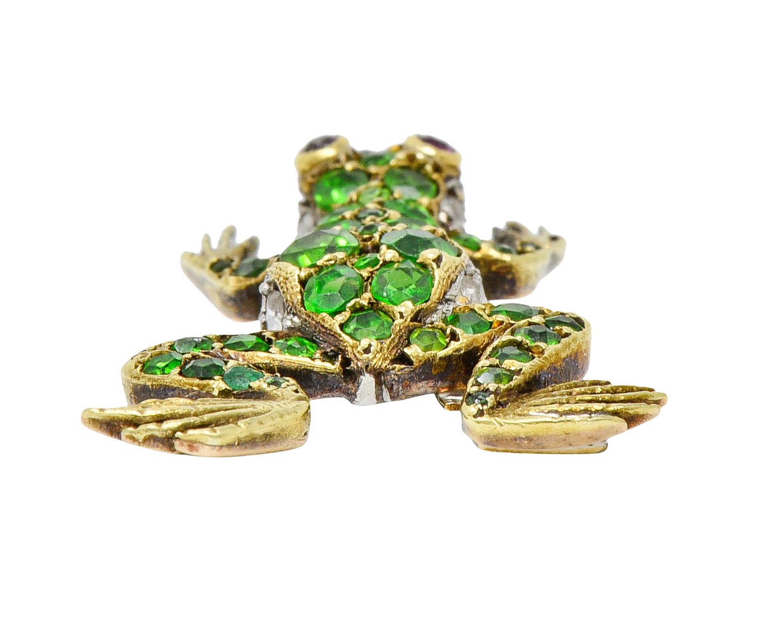 Edwardian Demantoid Garnet Diamond Platinum-Topped 18 Karat Gold Frog Charm 3