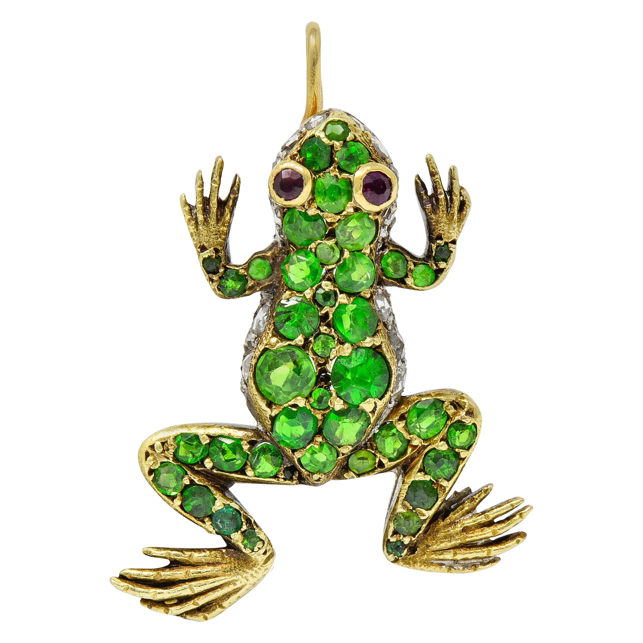 Edwardian Demantoid Garnet Diamond Platinum-Topped 18 Karat Gold Frog Charm