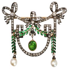 Edwardian Demantoid Garnet Pearl Diamond and Silver Upon Gold Brooch, Circa 1905