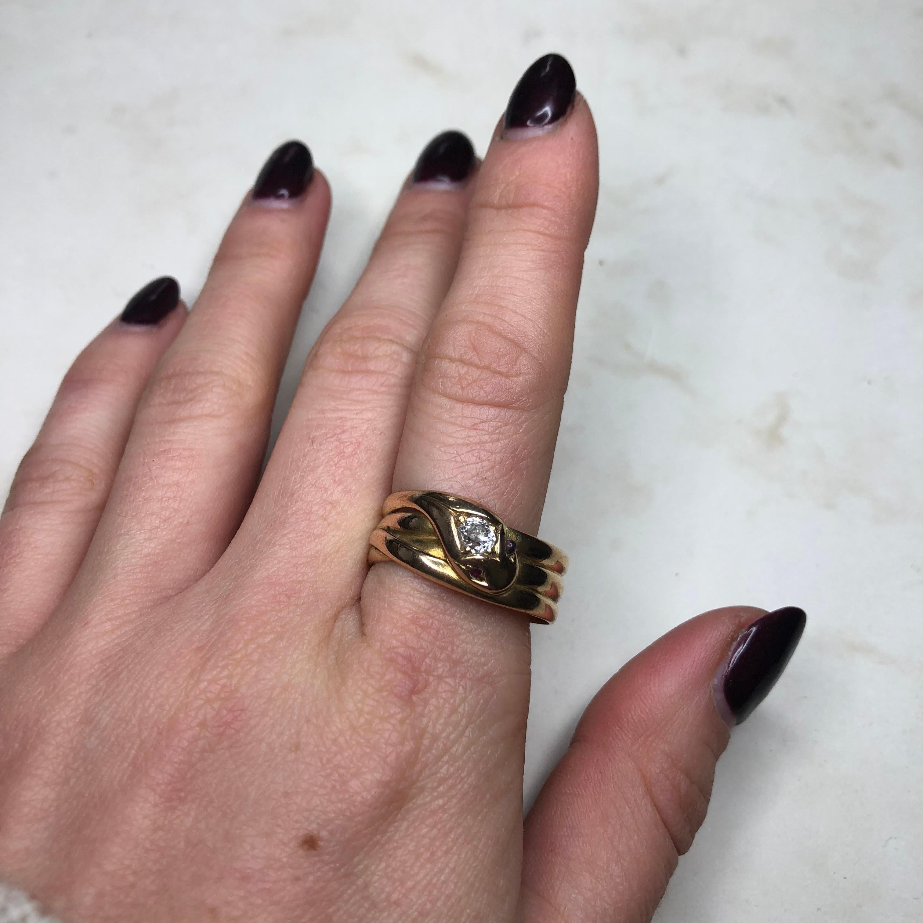 Women's or Men's Edwardian Diamond and Ruby 18 Carat Gold Snake Ring