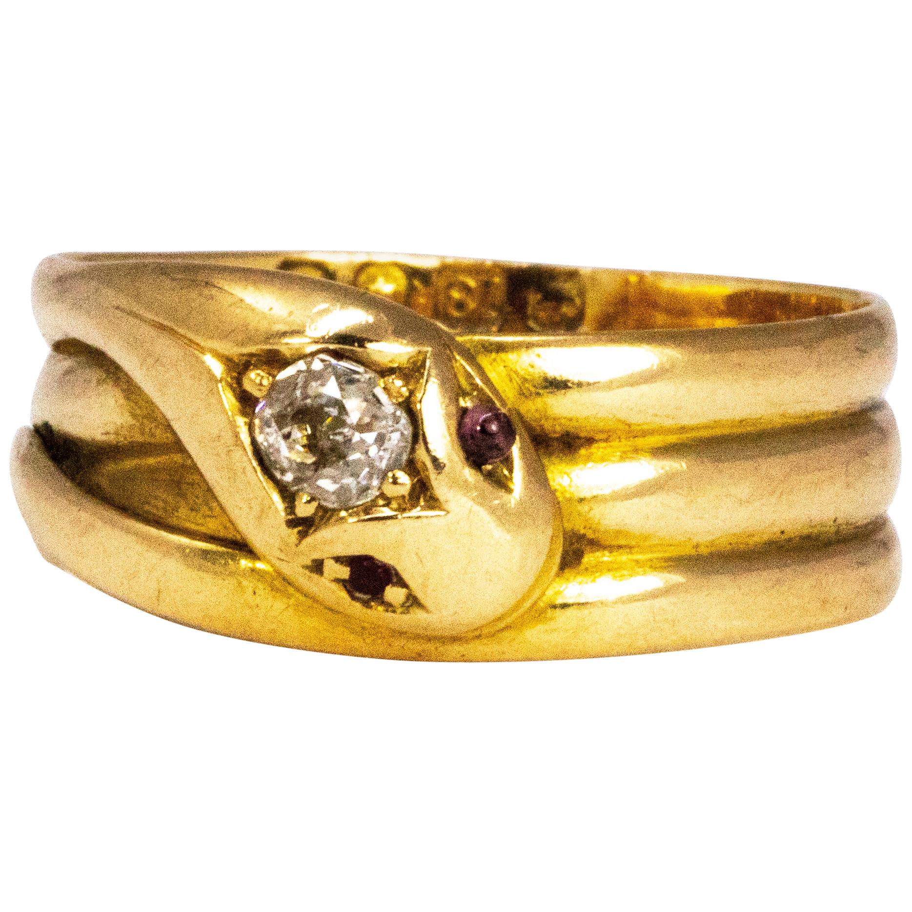 Edwardian Diamond and Ruby 18 Carat Gold Snake Ring